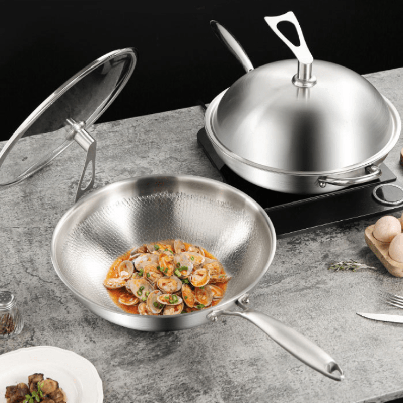 Titanium Coated Wok with Multi-Ply Construction, Hammered Surface, Induction and Gas Compatible