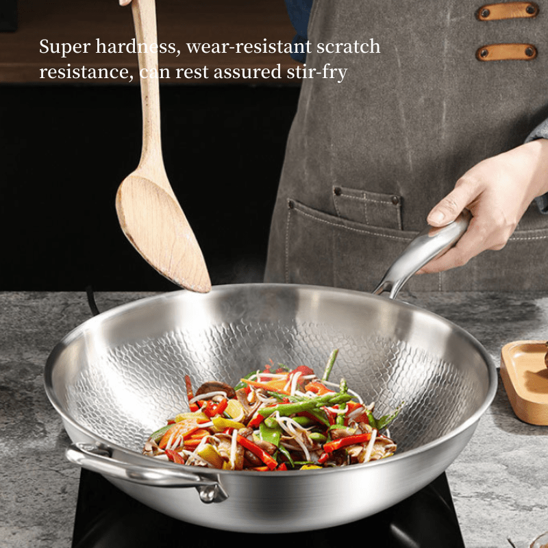 Titanium-Coated Multi-Ply Steel Wok with Hammered Surface for Induction and Gas Stoves
