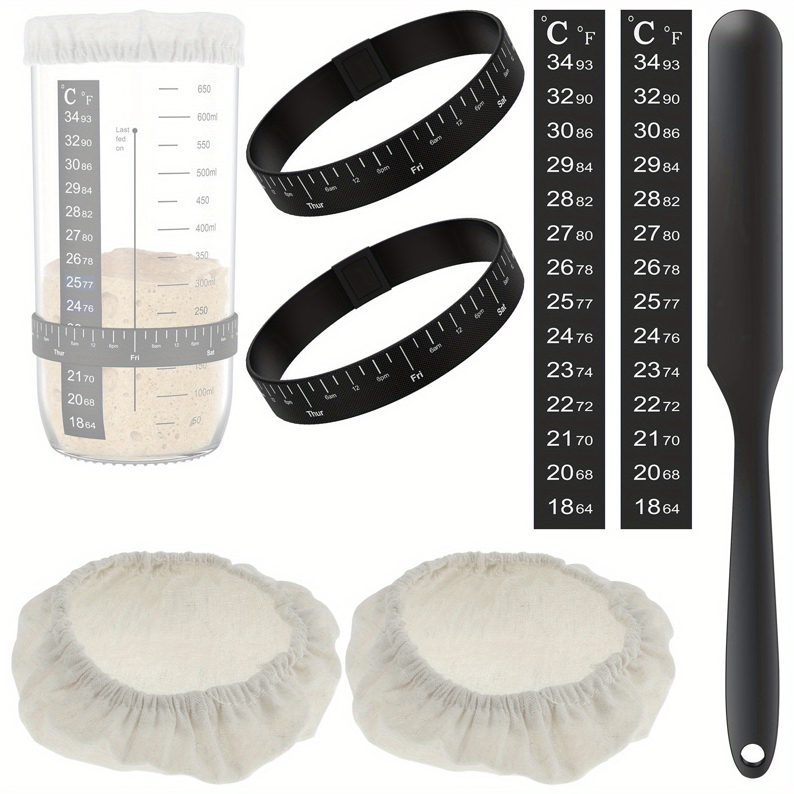 Sourdough Starter Kit with Cloth Covers, Feeding Bands, Silicone Scraper
