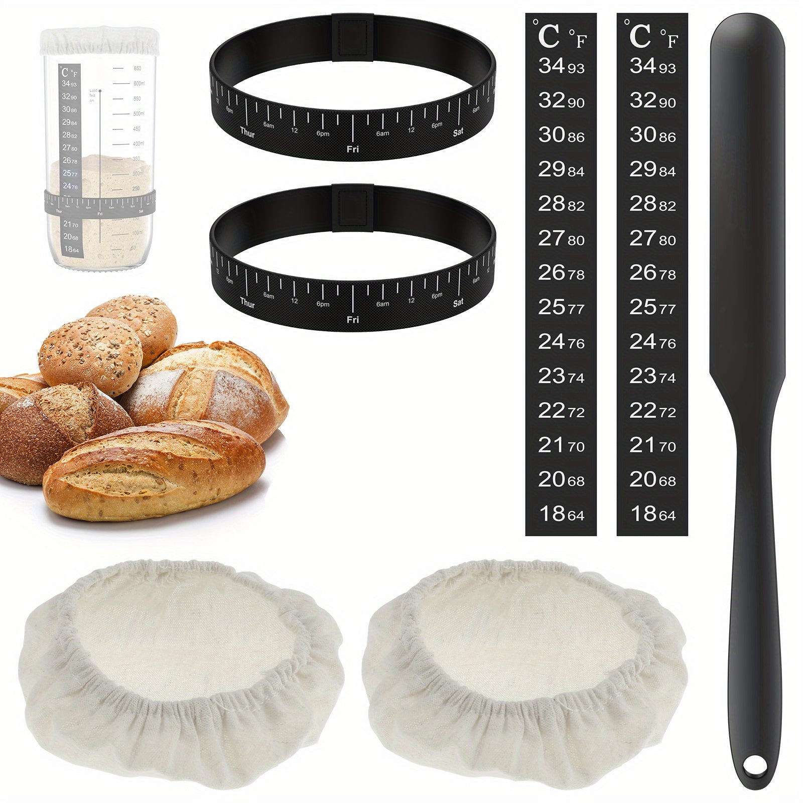 Sourdough Starter Kit with Cloth Covers, Feeding Bands, Silicone Scraper