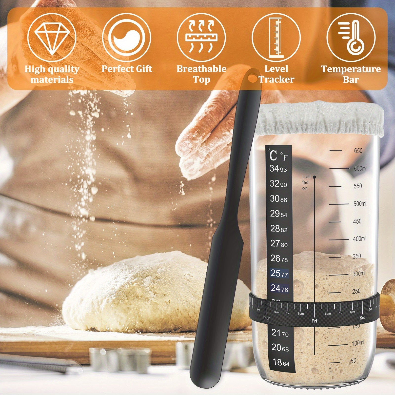 Sourdough Starter Kit with Cloth Covers, Feeding Bands, Silicone Scraper
