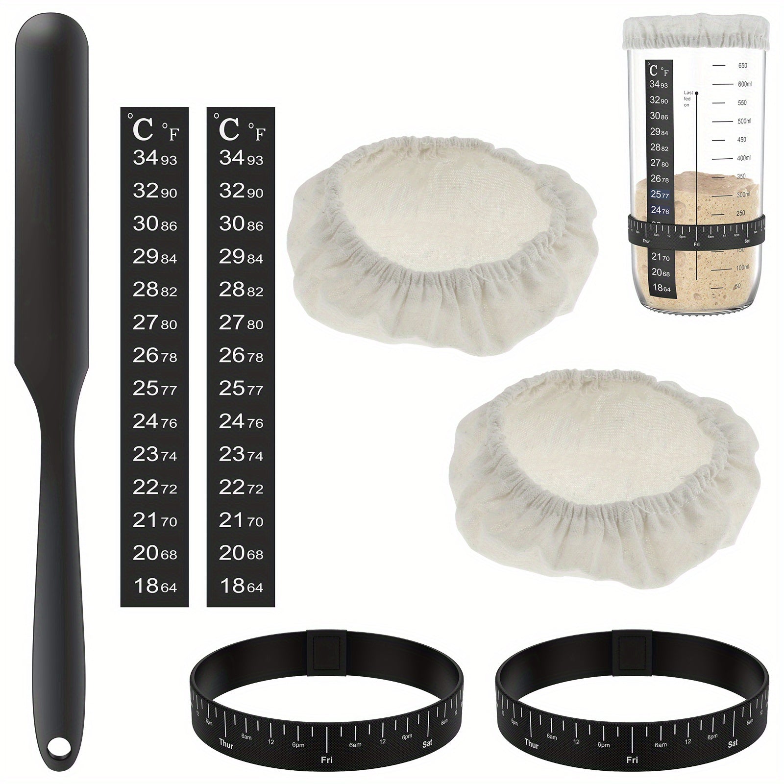 Sourdough Starter Kit with Cloth Covers, Feeding Bands, Silicone Scraper