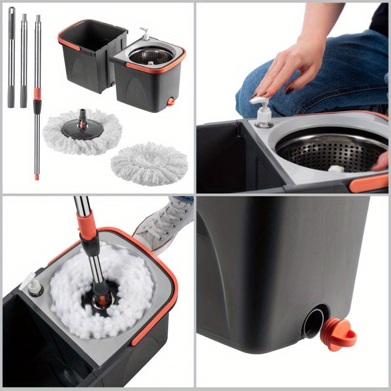 Qulay Spin Mop va Chelak To'plami 2 ta Mikrofiber Pad bilan - Oshxona, Hammom, Yashash xonasi va Polni tozalash uchun ideal, O'zgaruvchan to'ldirishlar va aylanish tizimini o'z ichiga oladi.