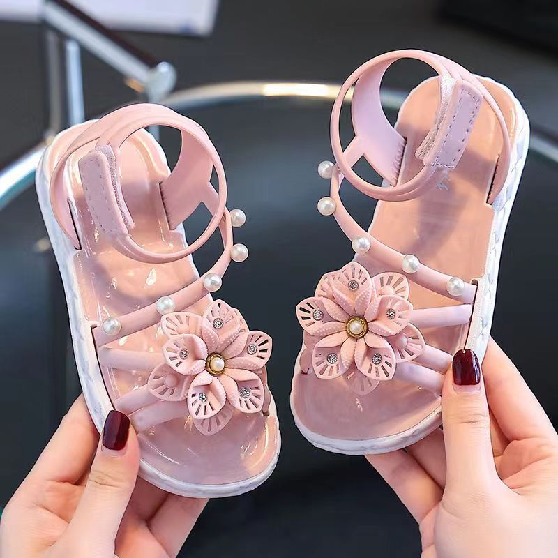 Girls Summer Sandals with Floral and Pearl Accents Non-Slip Soft Sole Easy Hook-and-Loop Closure