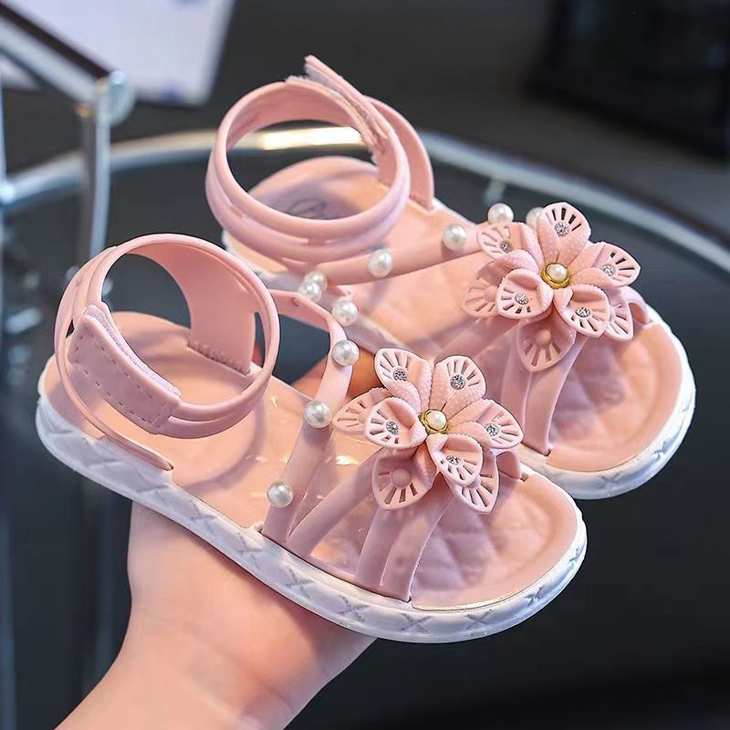 Girls Summer Sandals with Floral and Pearl Accents Non-Slip Soft Sole Easy Hook-and-Loop Closure