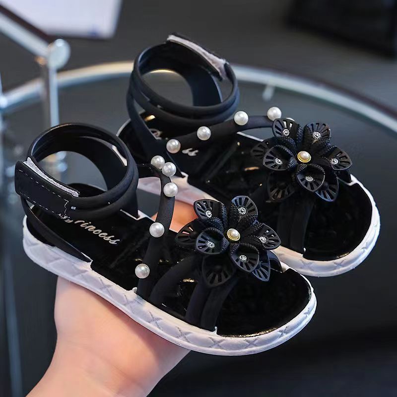 Girls Summer Sandals with Floral and Pearl Accents Non-Slip Soft Sole Easy Hook-and-Loop Closure