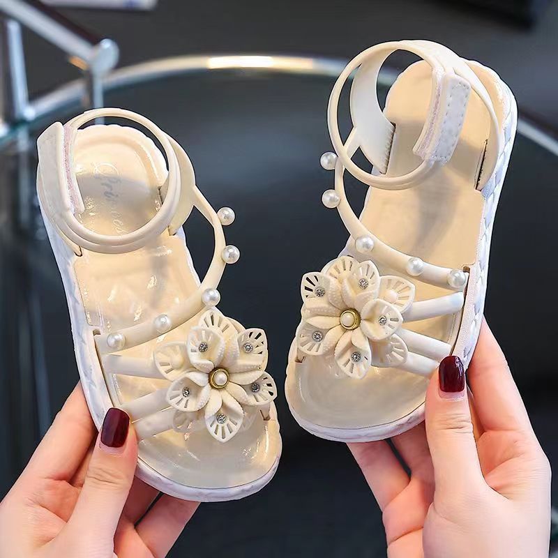 Girls Summer Sandals with Floral and Pearl Accents Non-Slip Soft Sole Easy Hook-and-Loop Closure