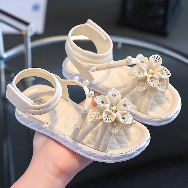 Girls Summer Sandals with Floral and Pearl Accents Non-Slip Soft Sole Easy Hook-and-Loop Closure