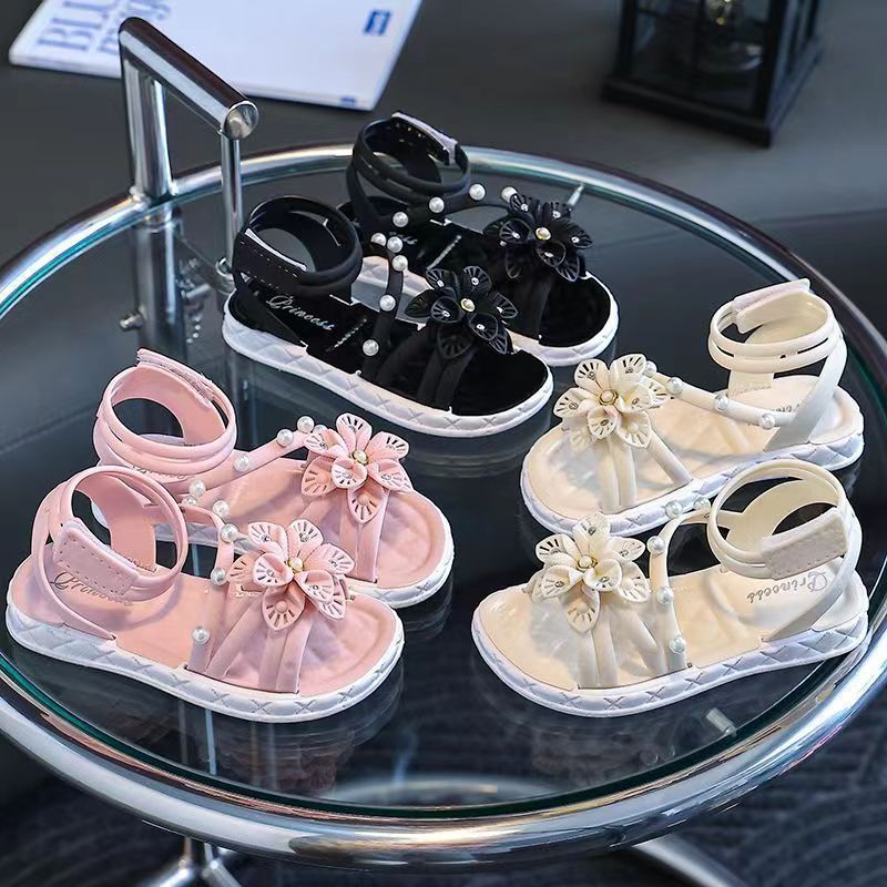 Girls Summer Sandals with Floral and Pearl Accents Non-Slip Soft Sole Easy Hook-and-Loop Closure
