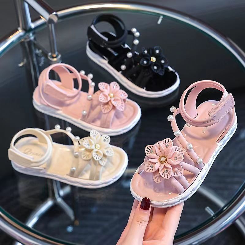 Girls Summer Sandals with Floral and Pearl Accents Non-Slip Soft Sole Easy Hook-and-Loop Closure