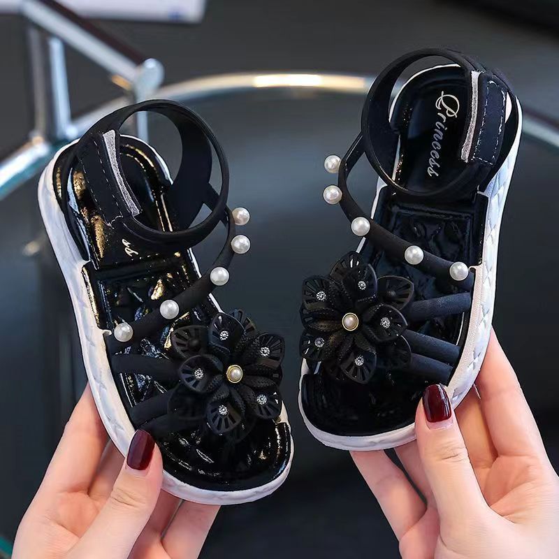 Girls Summer Sandals with Floral and Pearl Accents Non-Slip Soft Sole Easy Hook-and-Loop Closure