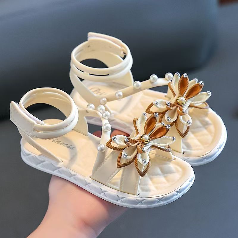 Toddler Girls Summer Princess Sandals with Soft Sole Flower Pearl Details Adjustable Strap