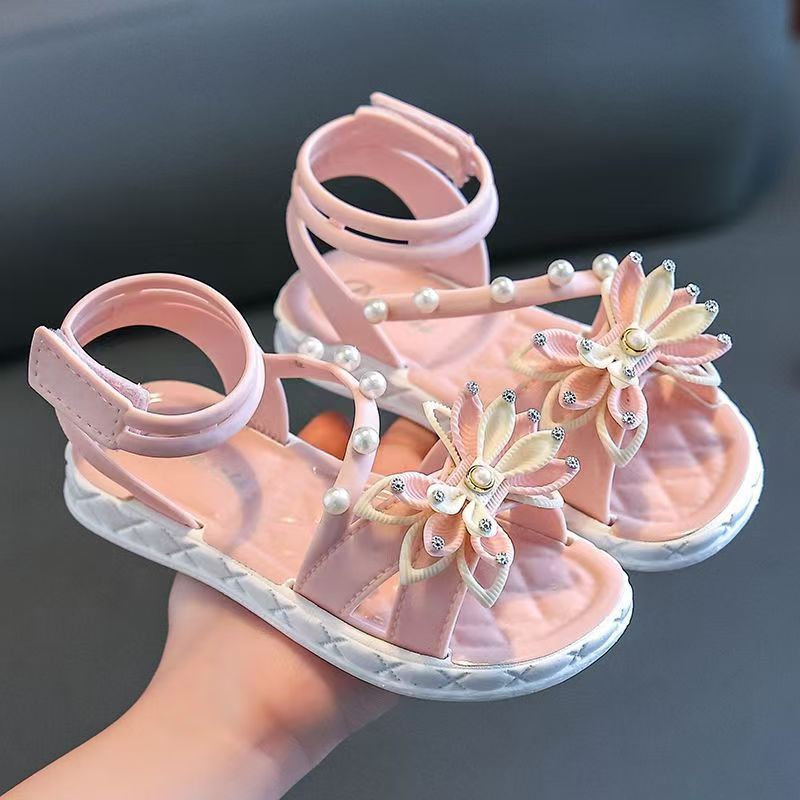 Toddler Girls Summer Princess Sandals with Soft Sole Flower Pearl Details Adjustable Strap