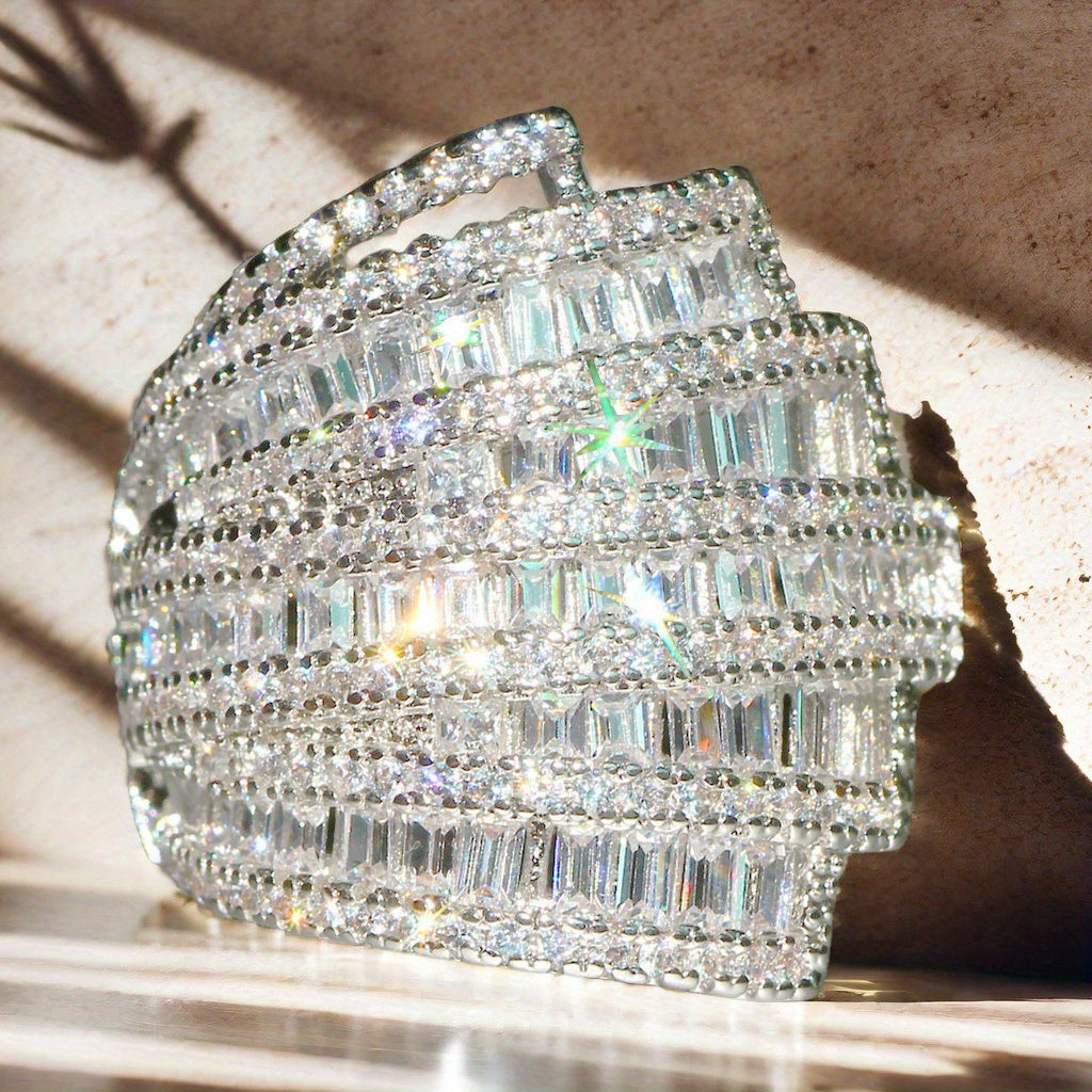 Elegant Wide Ring with Geometric Design and White Cubic Zirconia for Weddings and Engagements