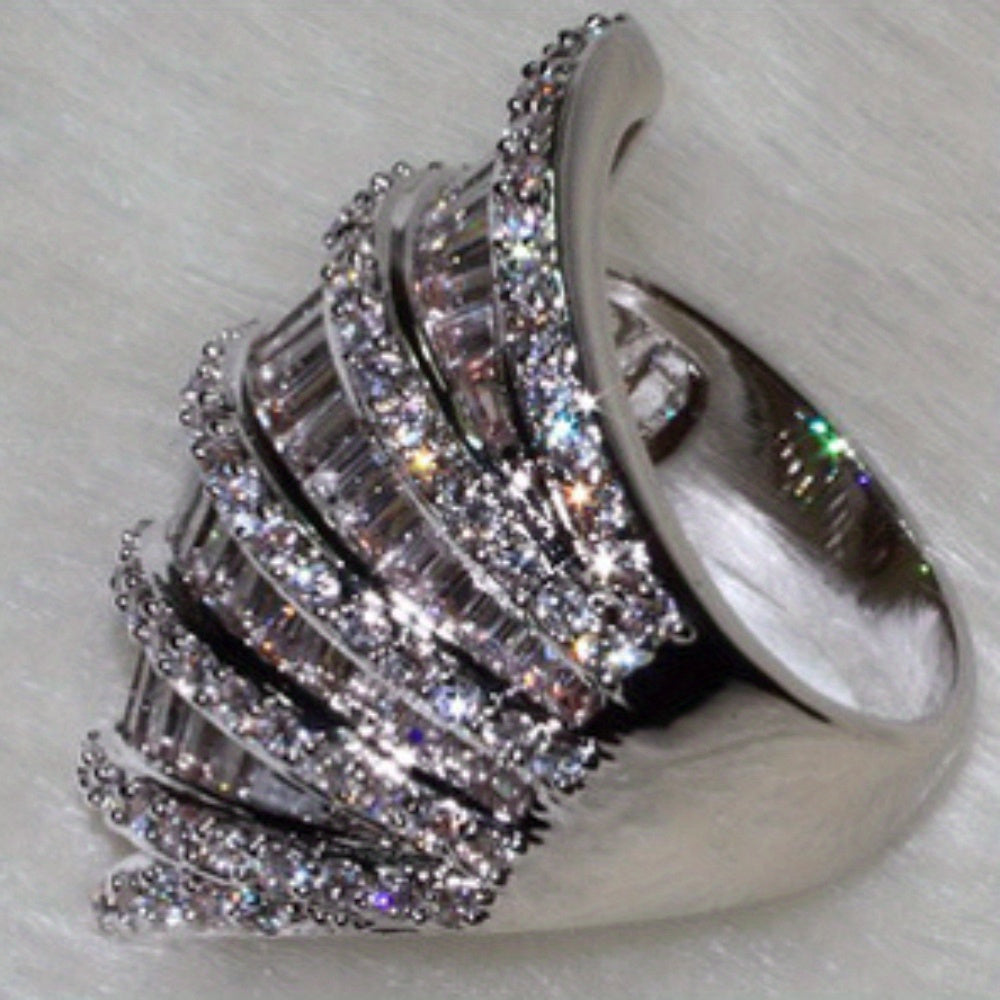 Elegant Wide Ring with Geometric Design and White Cubic Zirconia for Weddings and Engagements