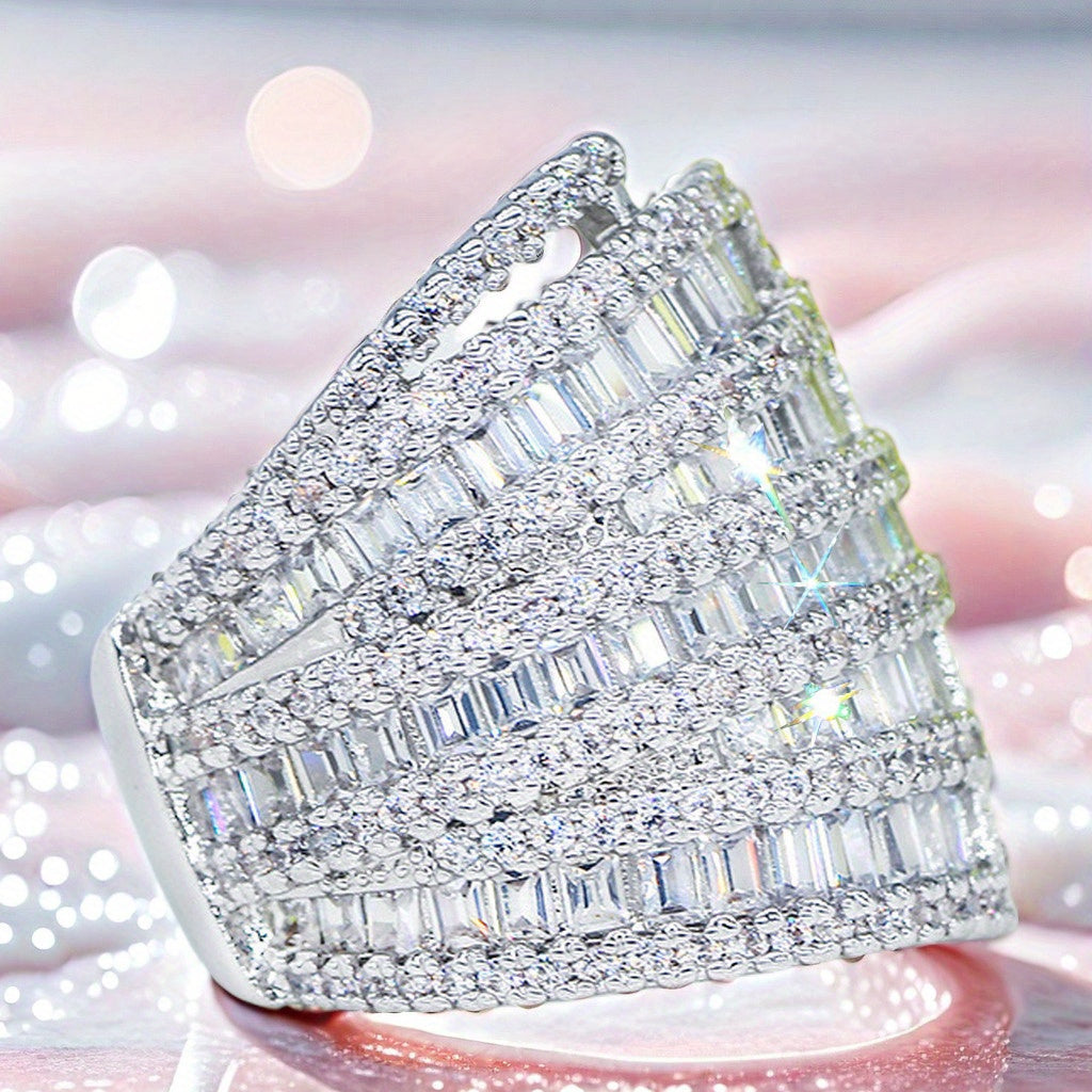 Elegant Wide Ring with Geometric Design and White Cubic Zirconia for Weddings and Engagements