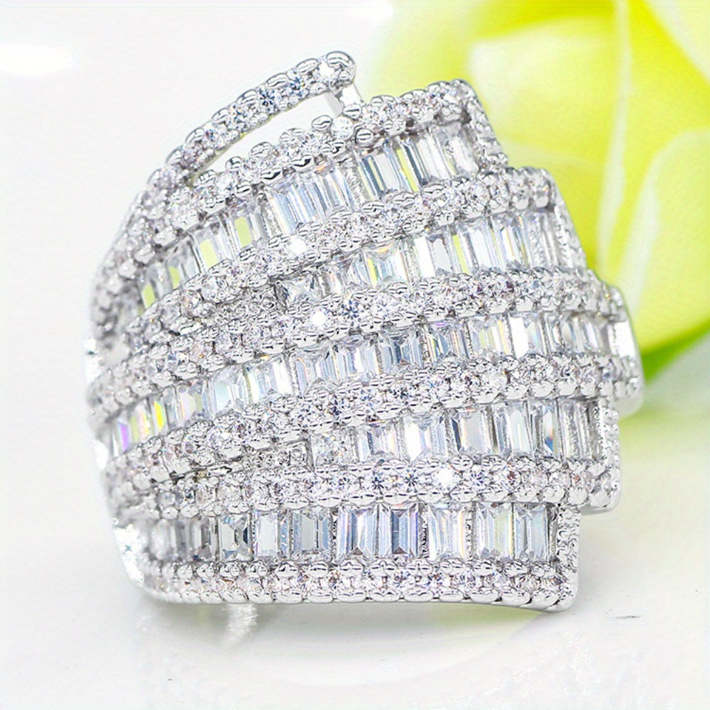 Elegant Wide Ring with Geometric Design and White Cubic Zirconia for Weddings and Engagements