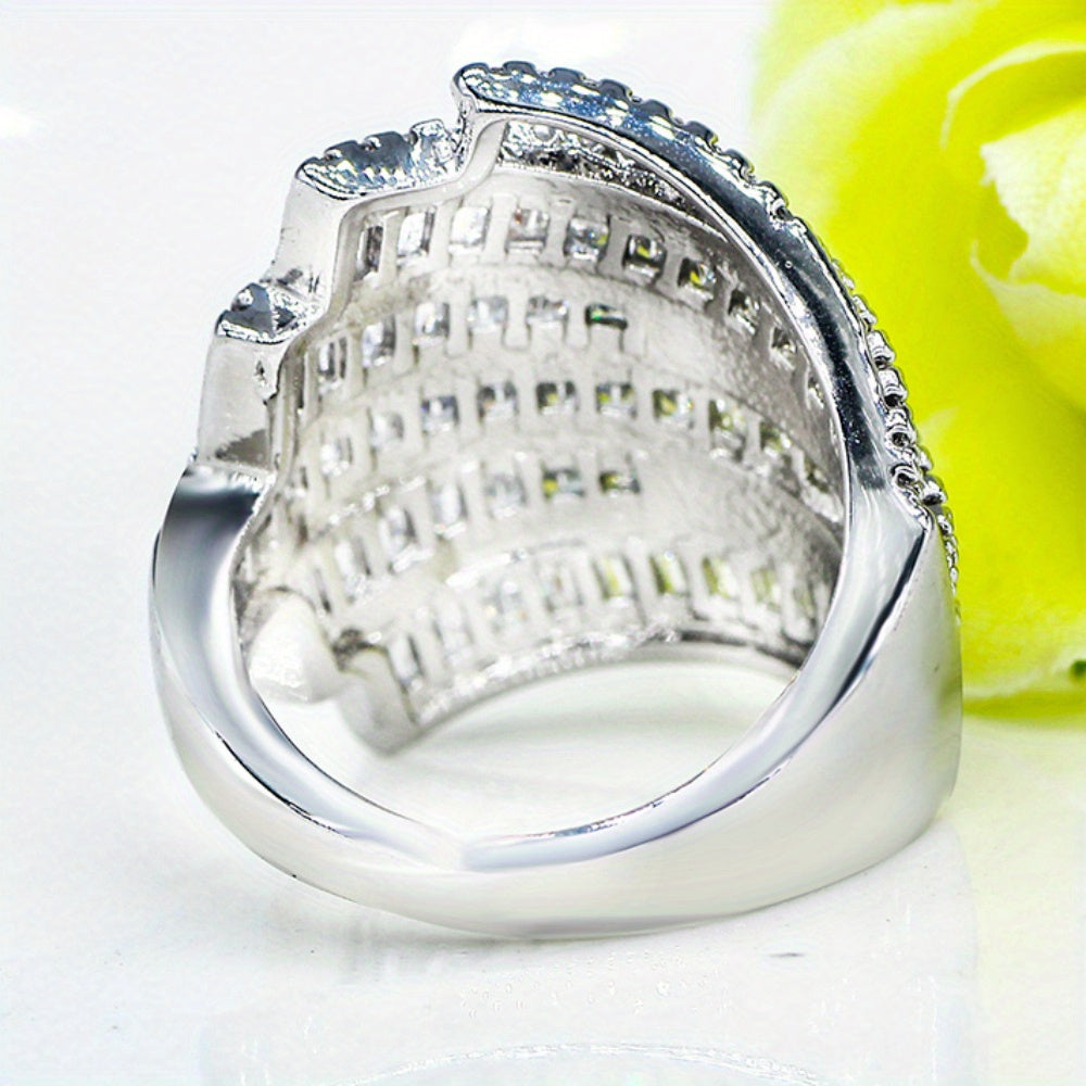 Elegant Wide Ring with Geometric Design and White Cubic Zirconia for Weddings and Engagements