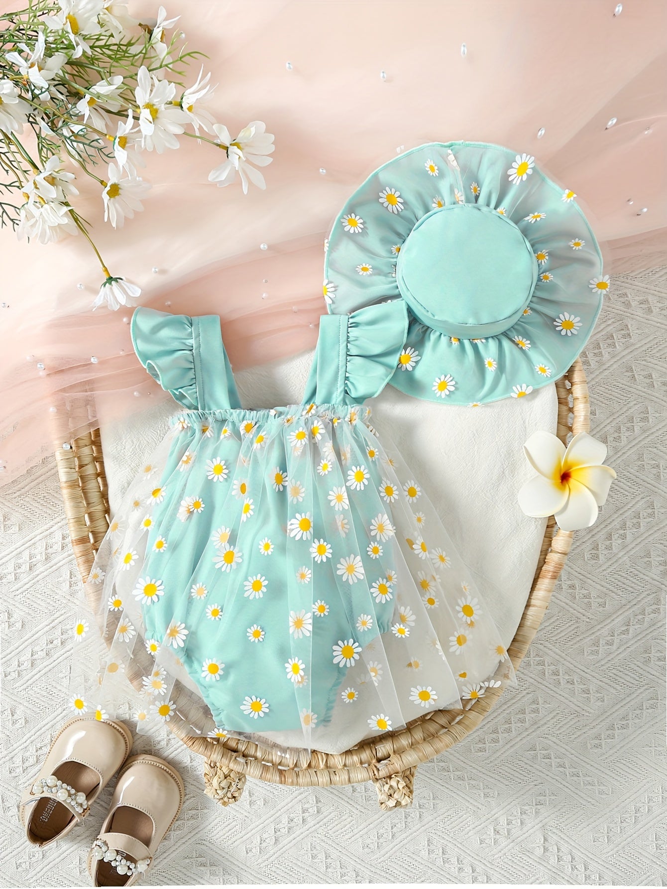 Baby Girls Summer Outfit Daisy Print Bodysuit and Sun Hat Set