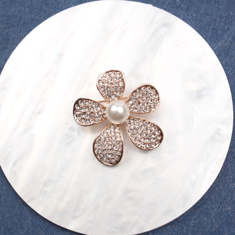 Floral Enamel Brooch with Rhinestones and Pearlescent Center for Women