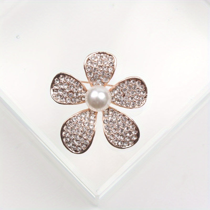 Floral Enamel Brooch with Rhinestones and Pearlescent Center for Women