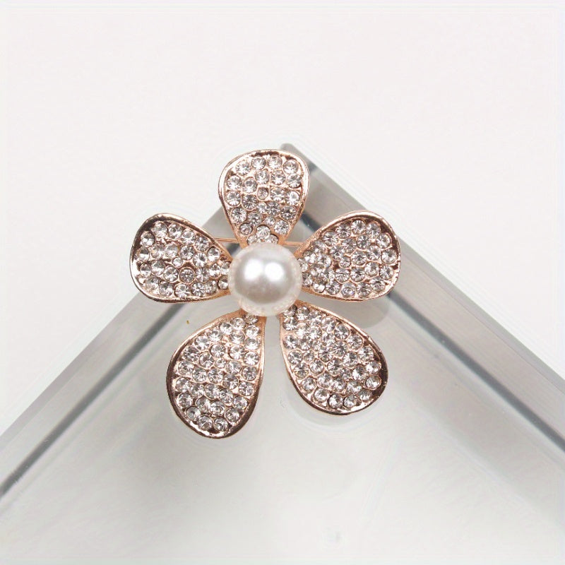 Floral Enamel Brooch with Rhinestones and Pearlescent Center for Women