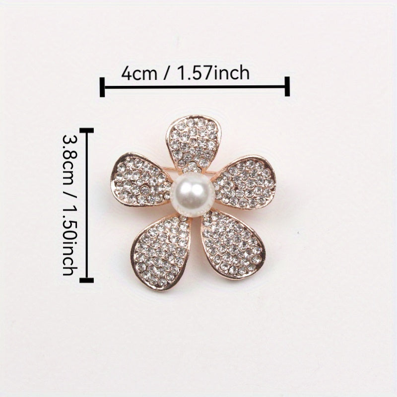 Floral Enamel Brooch with Rhinestones and Pearlescent Center for Women