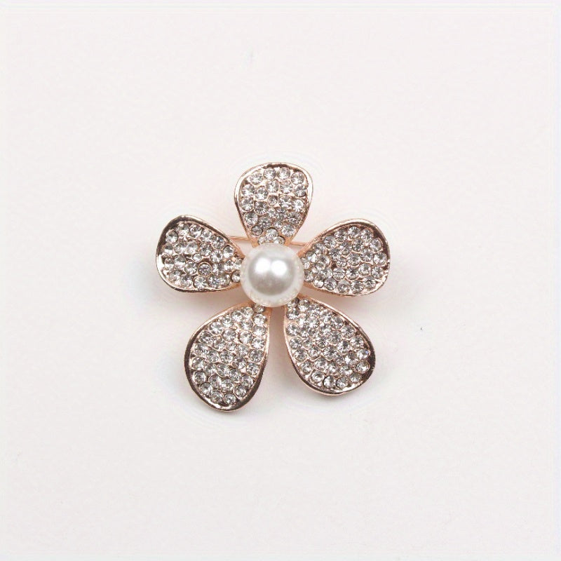 Floral Enamel Brooch with Rhinestones and Pearlescent Center for Women