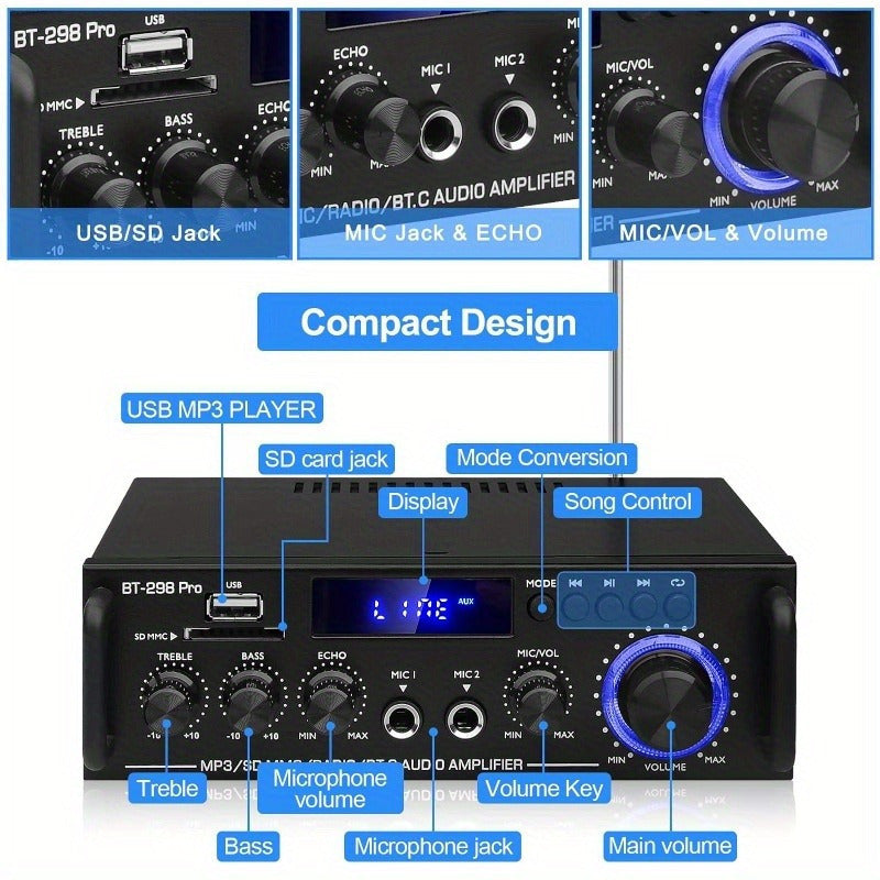 Wireless 5.0 Audio Power Amplifier for Car and Home Stereo with USB SD AUX Remote Control FM Antenna