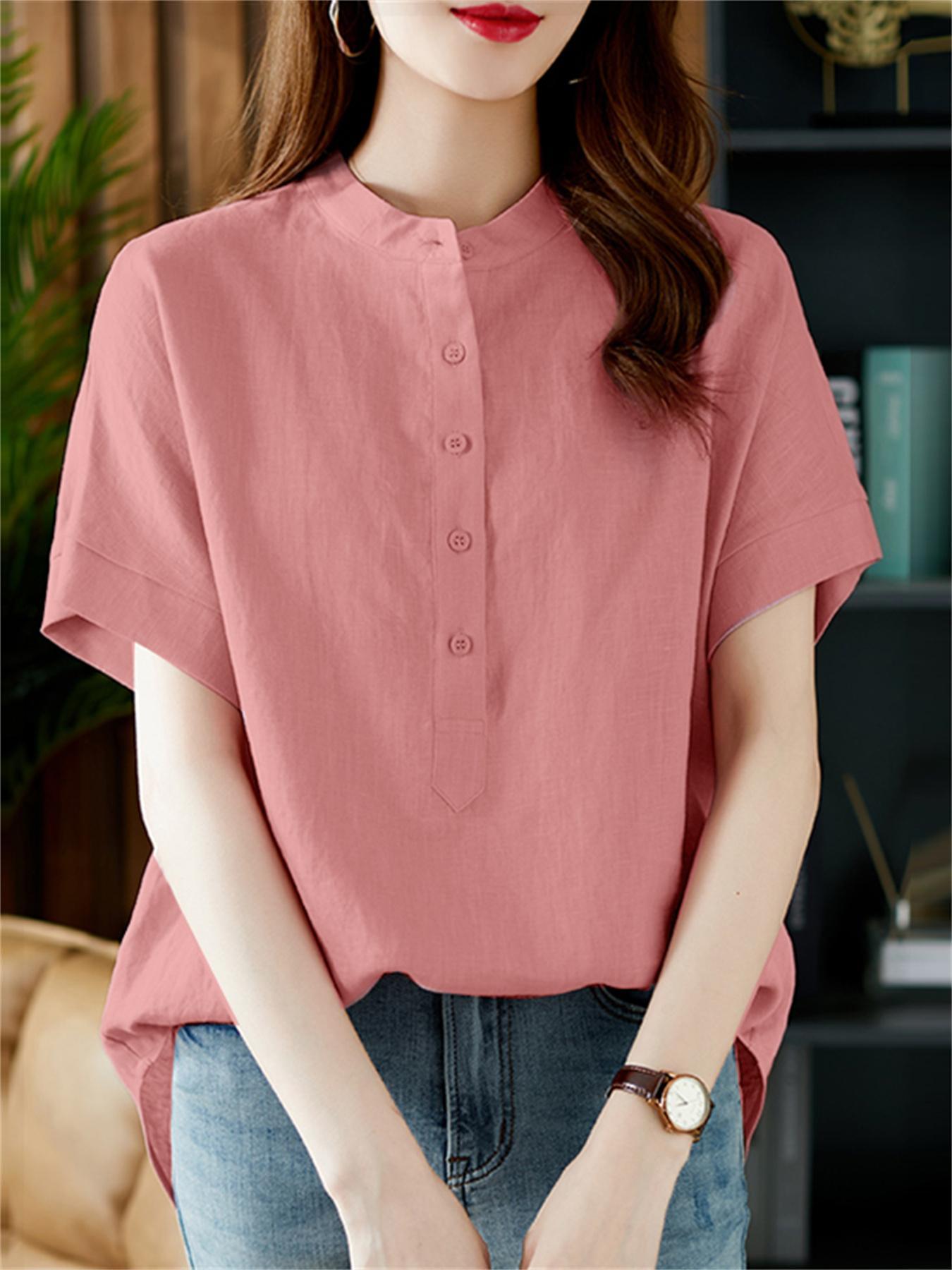 Plus-Size Women's Loose Short-Sleeve Blouse With Mandarin Collar Summer Top