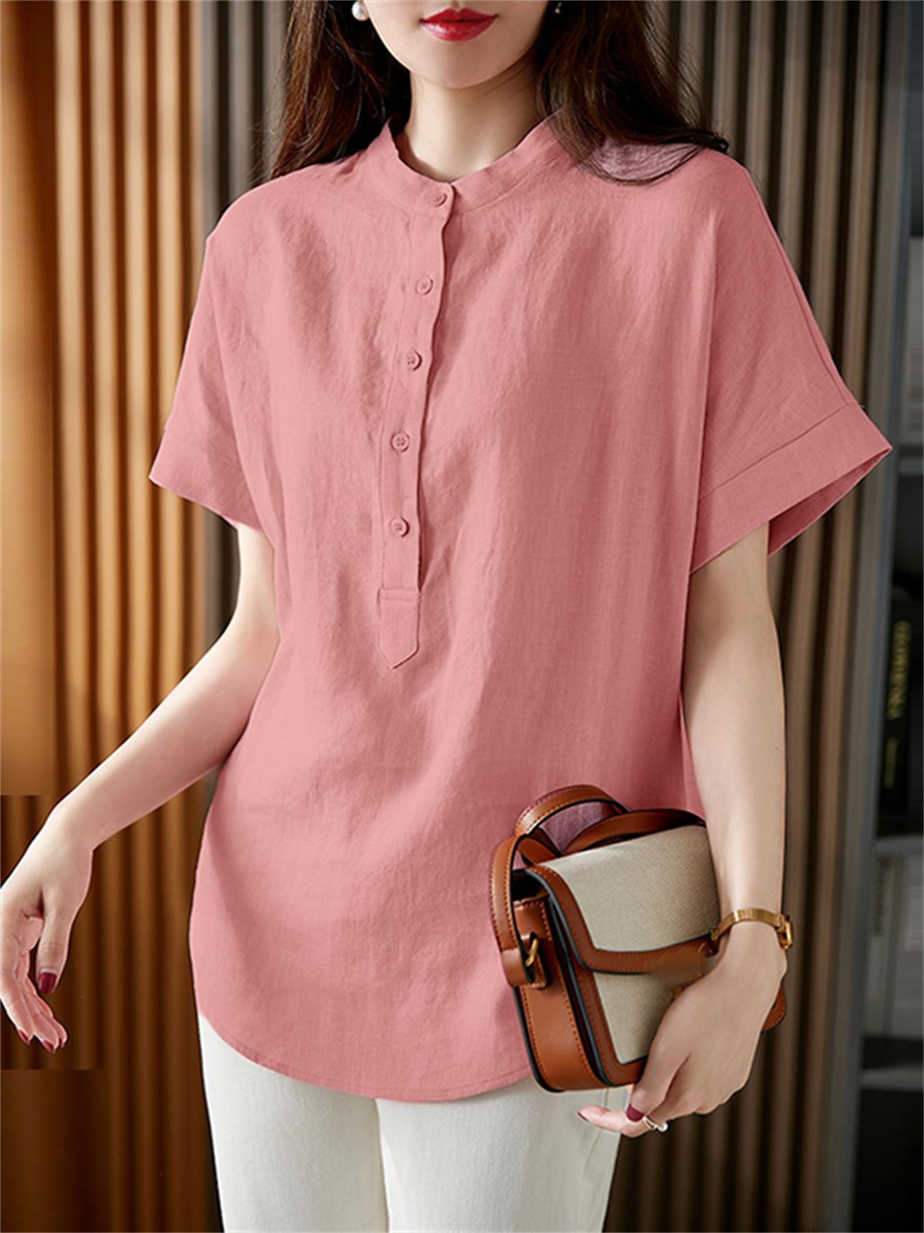 Plus-Size Women's Loose Short-Sleeve Blouse With Mandarin Collar Summer Top