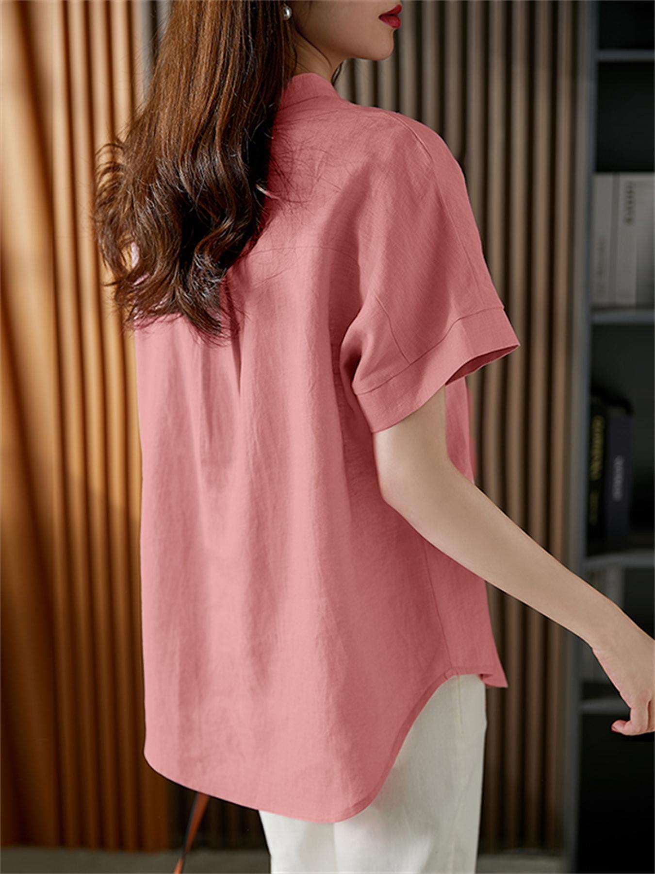 Plus-Size Women's Loose Short-Sleeve Blouse With Mandarin Collar Summer Top