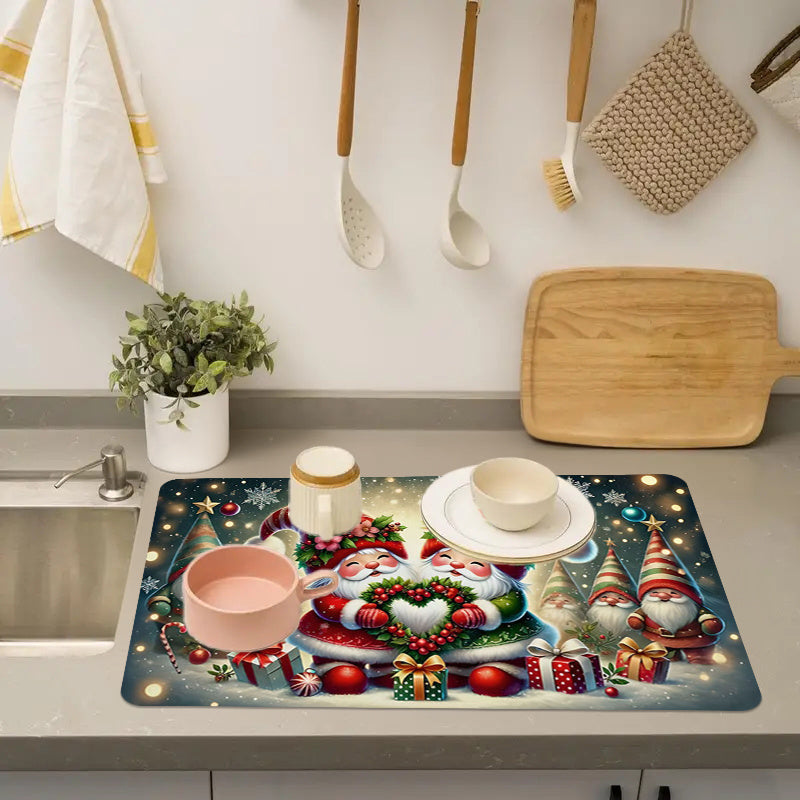 Colorful Polyester Christmas Santa Kitchen Mat Anti-Slip Water Absorbent for Dishwashing and Coffee Bar