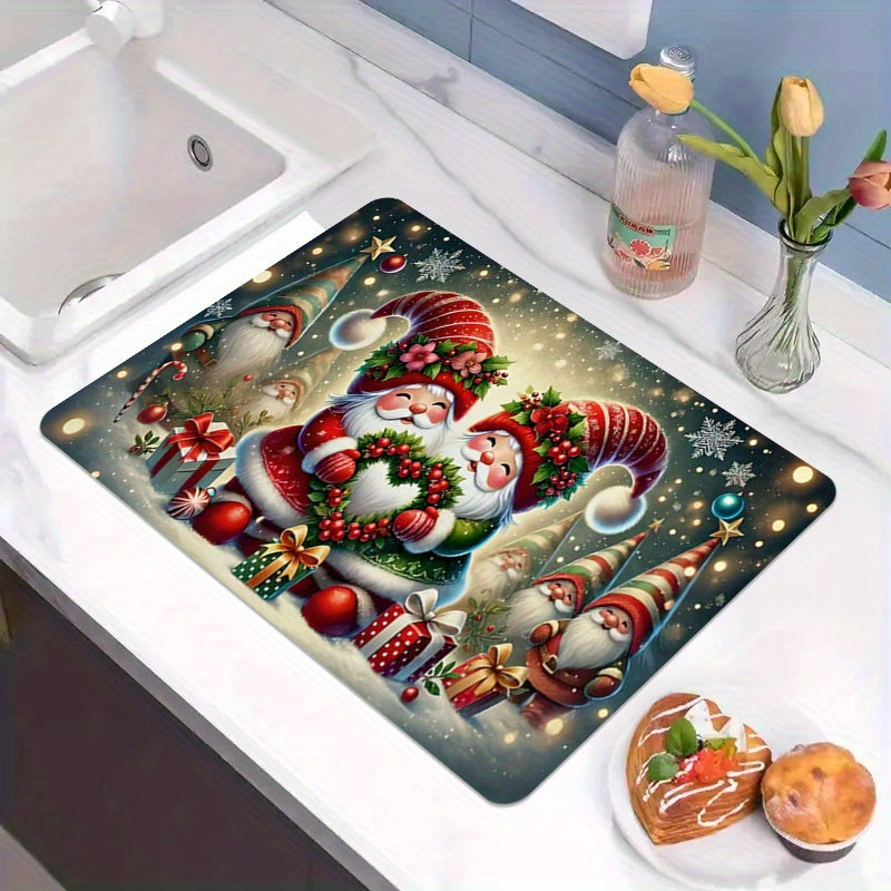 Colorful Polyester Christmas Santa Kitchen Mat Anti-Slip Water Absorbent for Dishwashing and Coffee Bar