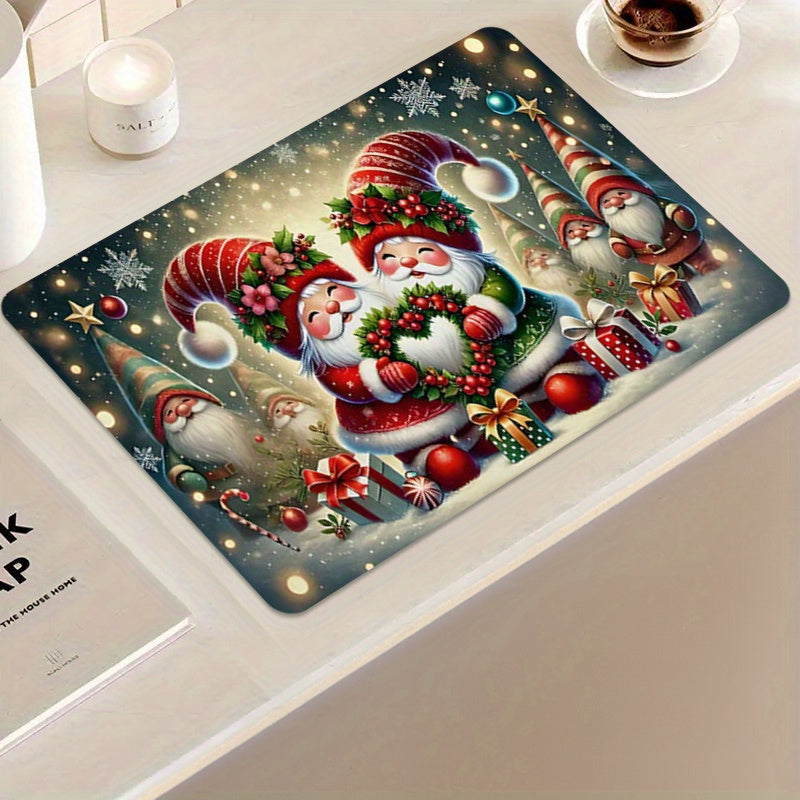 Colorful Polyester Christmas Santa Kitchen Mat Anti-Slip Water Absorbent for Dishwashing and Coffee Bar
