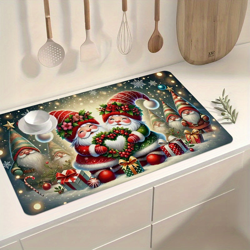 Colorful Polyester Christmas Santa Kitchen Mat Anti-Slip Water Absorbent for Dishwashing and Coffee Bar