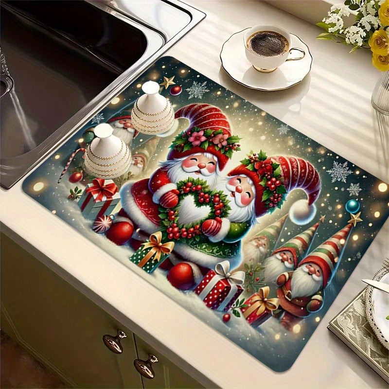 Colorful Polyester Christmas Santa Kitchen Mat Anti-Slip Water Absorbent for Dishwashing and Coffee Bar