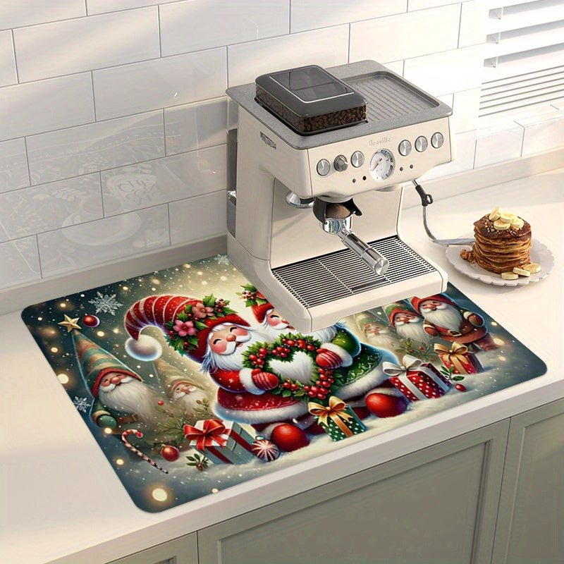 Colorful Polyester Christmas Santa Kitchen Mat Anti-Slip Water Absorbent for Dishwashing and Coffee Bar