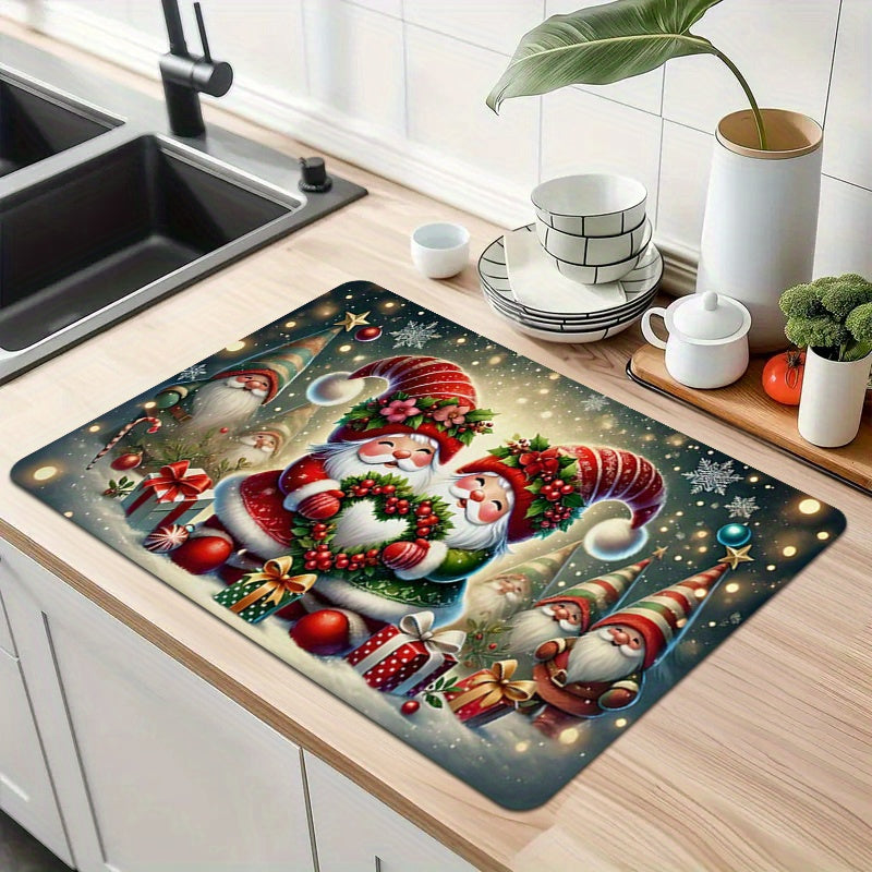 Colorful Polyester Christmas Santa Kitchen Mat Anti-Slip Water Absorbent for Dishwashing and Coffee Bar
