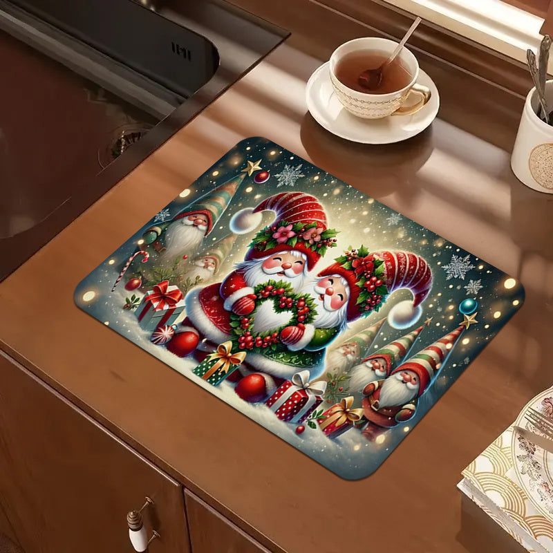 Colorful Polyester Christmas Santa Kitchen Mat Anti-Slip Water Absorbent for Dishwashing and Coffee Bar