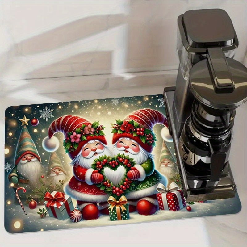 Colorful Polyester Christmas Santa Kitchen Mat Anti-Slip Water Absorbent for Dishwashing and Coffee Bar