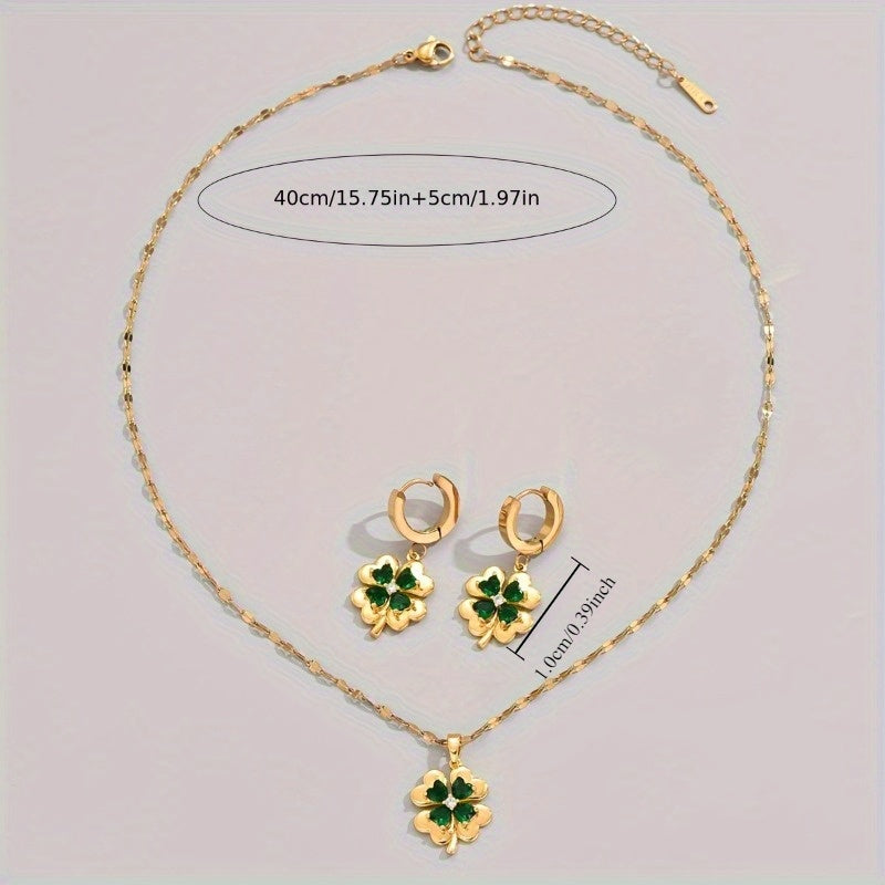 Set of 3 Gold-Tone Stainless Steel Clover Pendant Necklaces and Earrings with Cubic Zirconia and Emerald Stones Unisex Jewelry