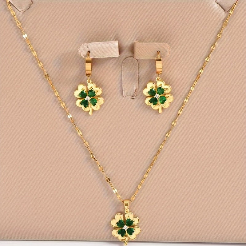 Set of 3 Gold-Tone Stainless Steel Clover Pendant Necklaces and Earrings with Cubic Zirconia and Emerald Stones Unisex Jewelry