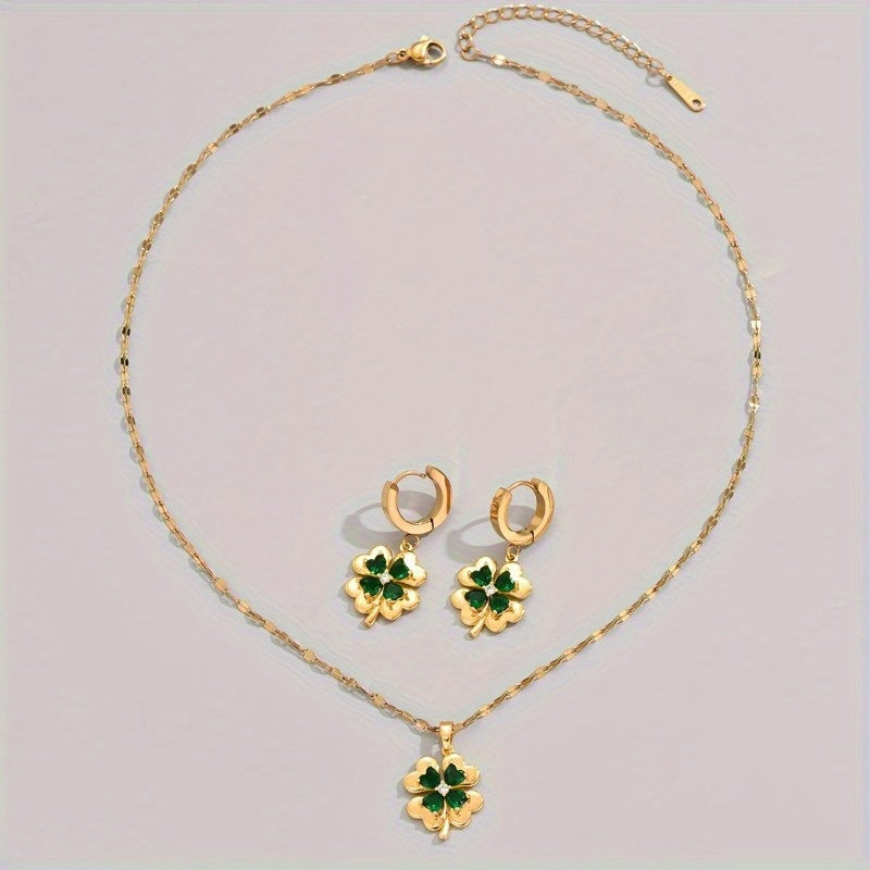 Set of 3 Gold-Tone Stainless Steel Clover Pendant Necklaces and Earrings with Cubic Zirconia and Emerald Stones Unisex Jewelry