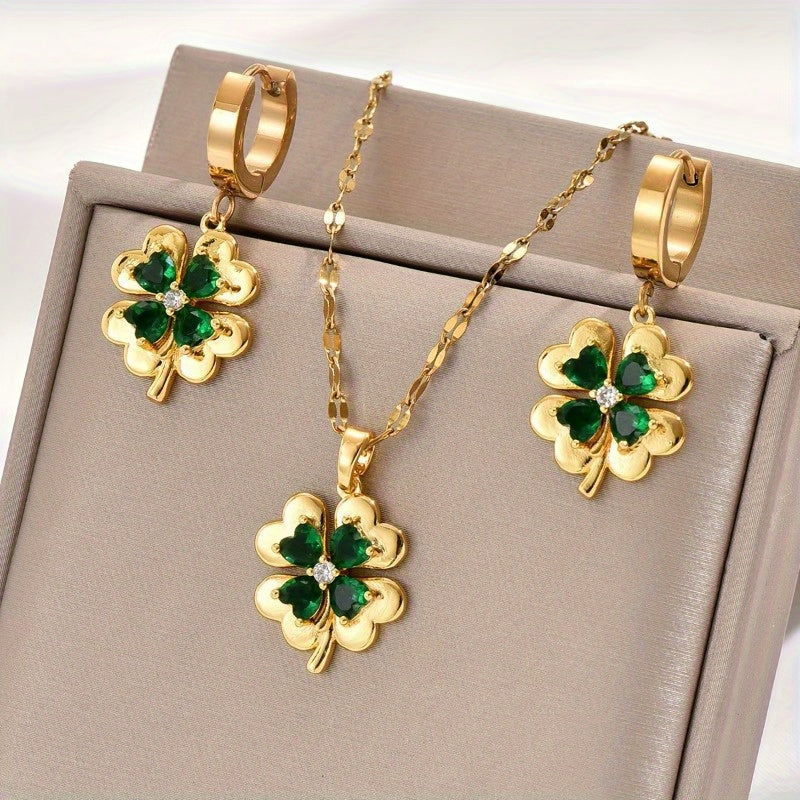 Set of 3 Gold-Tone Stainless Steel Clover Pendant Necklaces and Earrings with Cubic Zirconia and Emerald Stones Unisex Jewelry