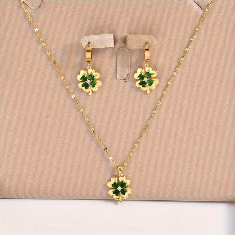 Set of 3 Gold-Tone Stainless Steel Clover Pendant Necklaces and Earrings with Cubic Zirconia and Emerald Stones Unisex Jewelry