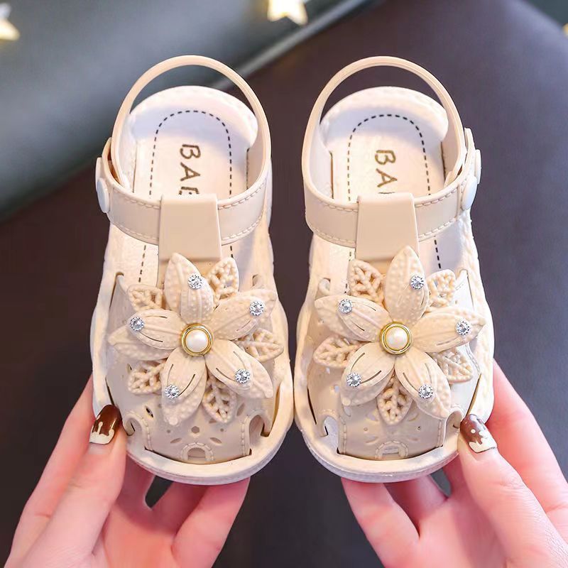 Toddler Girl Summer Flower Embellished Low-Top Sandals PVC Hollow Cut-Out Shoes with Buckle Closure