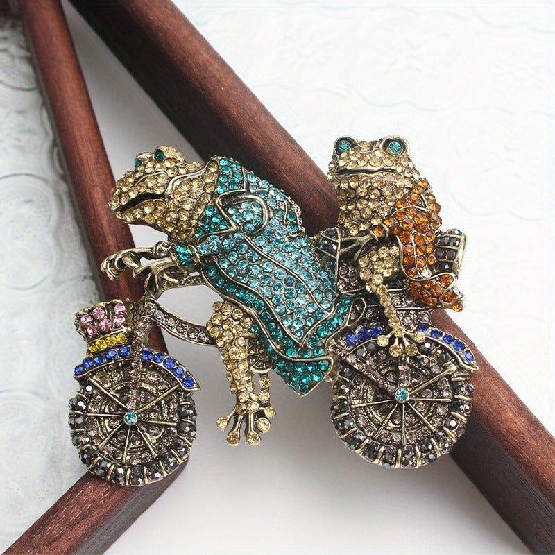 Vintage Rhinestone Frog Brooch Pin with Bike Design Animal Jewelry