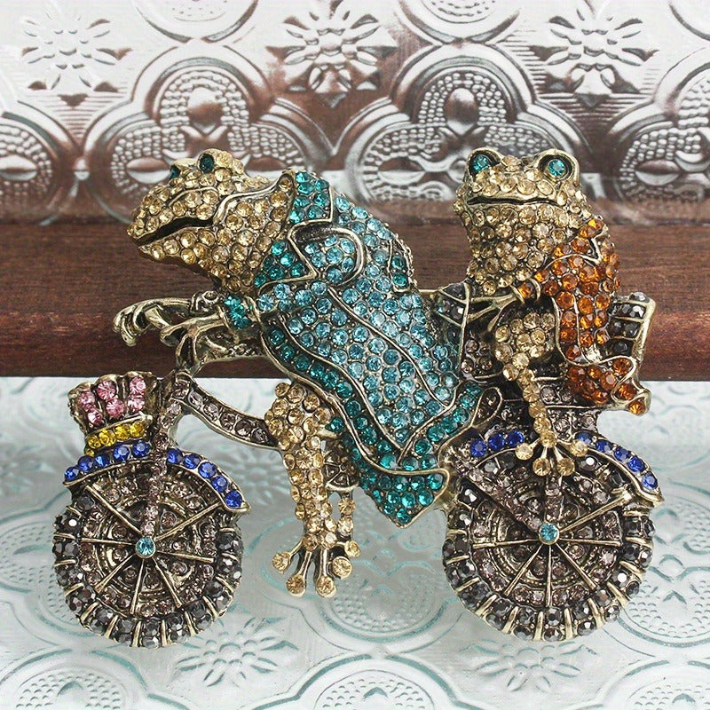 Vintage Rhinestone Frog Brooch Pin with Bike Design Animal Jewelry