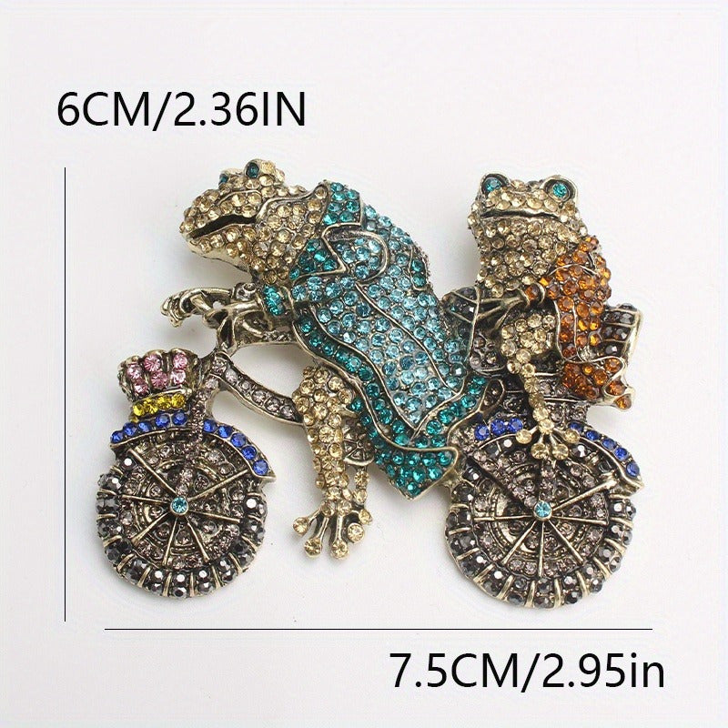 Vintage Rhinestone Frog Brooch Pin with Bike Design Animal Jewelry